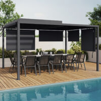 Pérgola bioclimática con lamas de policarbonato orientables 3x4M y 4 persianas gris antracita