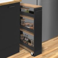Aparador de cocina que ahorra espacio, carro de almacenamiento con estantes en negro y aspecto de haya