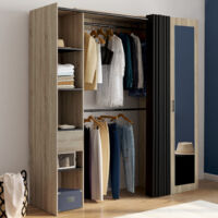 MADISON armario extensible 145/170 x 50 x 180 cm haya con estantes + armario doble + espejo + cortina negra