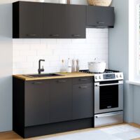Cocina SUBTIL completa de 180 cm con encimera negra de 5 unidades y estantes de madera