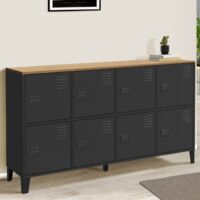 ESTER 139 cm Cómoda de 8 puertas de metal negro con tapa de madera de diseño industrial