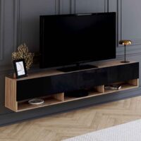 Mueble TV 180 cm ELIO 2 puertas colgado en la pared con estantes de madera y negros