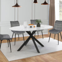 Mesa de comedor redonda extensible ALIX, 4-8 personas, pata de araña de metal negro, tablero efecto mármol ALASKA, 110-150 cm
