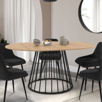 Mesa de comedor redonda extensible YUNA para 4-8 personas con tablero de madera y pata de alambre de metal negro 110 - 150 cm