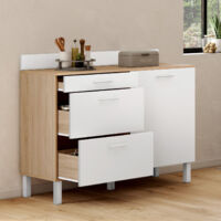 Aparador bajo cocina 120 cm encimera casserolier CINA H.83 cm 1 puerta + 3 cajones estilo haya y blanco