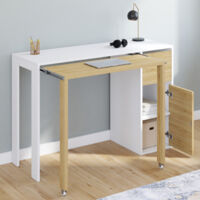 Escritorio extensible RON con columna de almacenamiento de cajones y armario blanco y de madera