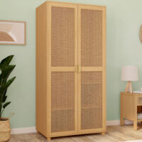 Armario de 2 puertas EDHEN mimbre y madera Armario de 80 cm con estantes de almacenamiento