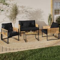 Conjunto de muebles de jardín RIO de 4 plazas con estructura de metal negro, cuerdas de ratán claro y cojines negros