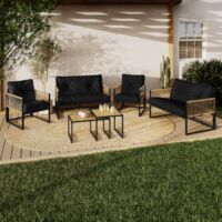 Conjunto de muebles bajos de jardín RIO, 6 plazas, estructura de metal negro, cuerdas de ratán claro y cojines negros
