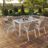 Conjunto de muebles de jardín MADRID mesa 150 CM y 6 sillas apilables blanco y beige