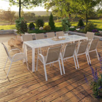 Conjunto de muebles de jardín MADRID mesa 240 CM y 10 sillas apilables blanco y beige