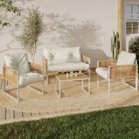 Conjunto de muebles de jardín RIO de 4 plazas con estructura de metal blanco, cuerdas de ratán claro y cojines beige