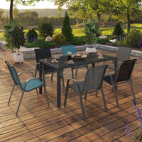 Conjunto de muebles de jardín MADRID mesa 150 CM y 6 sillas apilables mix color gris, negro y azul