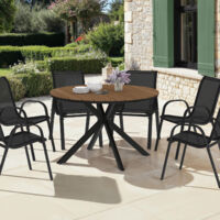 Muebles de jardín MESSINA - Mesa redonda de 120 cm con patas de araña efecto madera y 6 sillas apilables negras