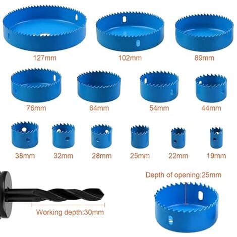 17 Pcs Kit Scies Cloches bi-métal en Acier Carbone 19-127mm Scie Cloche Coffret pour Bois, Plaque de Plâtre et Plaques de Plâtre bleu, Profondeur de Coupe 25 mm