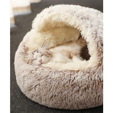 Tapis de couchage super doux Grotte pour chat pour chiens chats rond chaud hiver lit pour animaux de compagnie café tapis en peluche Couchage pour chien L 50 x 50 cm corbeille et panier pour chien