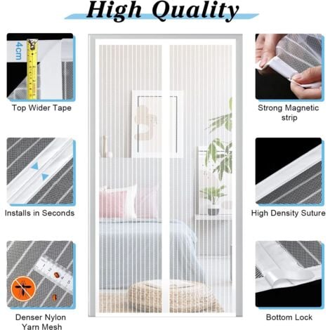 Moustiquaire Porte Fenetre 120x210cm Moustiquaire Fenêtre Aimantée Blanc Sans Perçage Rideau Anti Mouche avec Bande Adhésive, Fermeture Automatique, Maille Ultra Fine