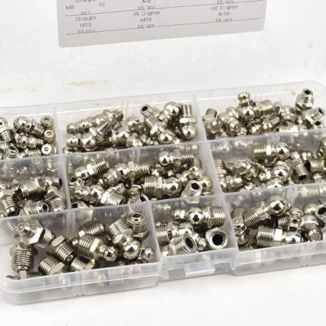 Kit De 170 Graisseurs M6 M8 M10 - Droit, 45°, 90°, 180°, Fer Nickelé, Boîte De Rangement