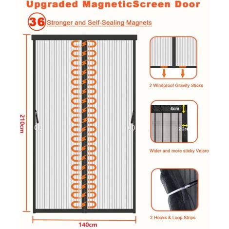 Moustiquaire Porte Fenêtre Magnétique 140x210 cm Noir moustiquaire porte fenetre Anti Mosquito Magnet avec Durable Maille, Fermeture Automatique Rideaux Moustiquaire Porte, Fly Screen