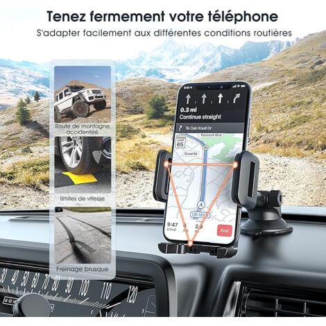 Support Téléphone Voiture pour Tableau de Bord Pare-Brise Réglable porte Voiture telephone Support et Un Bouton de libération Support Voiture Auto pour Smartphones et GPS 4.7-7.0 Pouces Noir