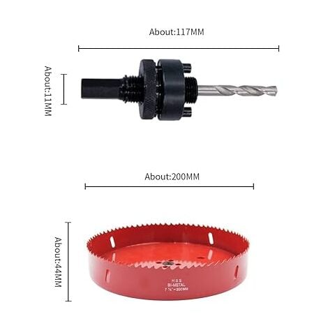 Scie cloche 200mm,mèche cloche à arbre pour usage intensif, foret 4341,outil de perçage pour percer des trous dans différents types de bois, aluminium, PVC, etc. scie cloche bois coffret scie cloche