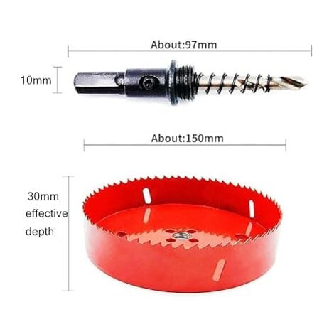 Scie cloche 150 mm,Acier rapide HSS M42 bi-métal,Scie-cloche avec tige hexagonale et foret pour bois, construction sèche et tôle métallique1 pièce Rouge Profondeur de coupe jusqu'à 31 mm
