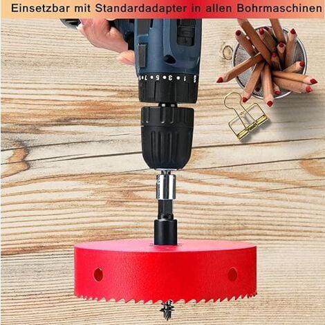 Scie cloche 150 mm,Acier rapide HSS M42 bi-métal,Scie-cloche avec tige hexagonale et foret pour bois, construction sèche et tôle métallique1 pièce Rouge Profondeur de coupe jusqu'à 31 mm