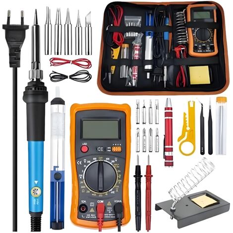 Kit d'outils de soudage électronique 25 pièces, Fer a Souder avec Interrupteur ON/OFF, 60W 220V Temperature Réglable, 5 pointes de fer à souder, fil à souder, Support de fer à souder