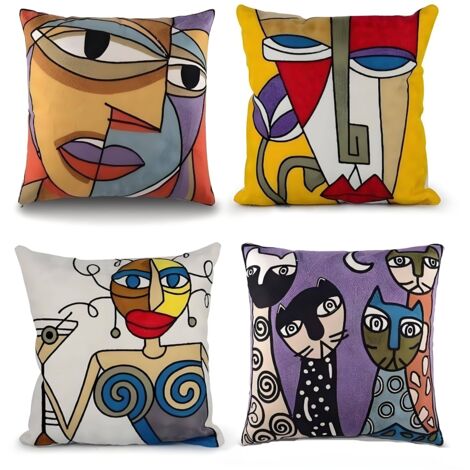 Housses de Coussin 45 x 45 cm Broderie Picasso Art Carré 4pcs(18 X18 Inch)Décoration de meubles de canapé Abstract Style