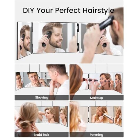 Miroir 360 degrés Miroir 3 faces pliable Miroir 3 Voies noir miroir grossissant miroir mural Portable tri-pli réglable et Pliable avec Crochet hautement rétractable sans led pour Coiffure