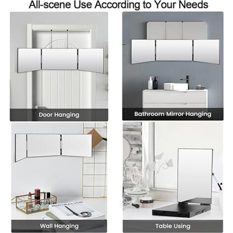 Miroir 360 degrés Miroir 3 faces pliable Miroir 3 Voies noir miroir grossissant miroir mural Portable tri-pli réglable et Pliable avec Crochet hautement rétractable sans led pour Coiffure