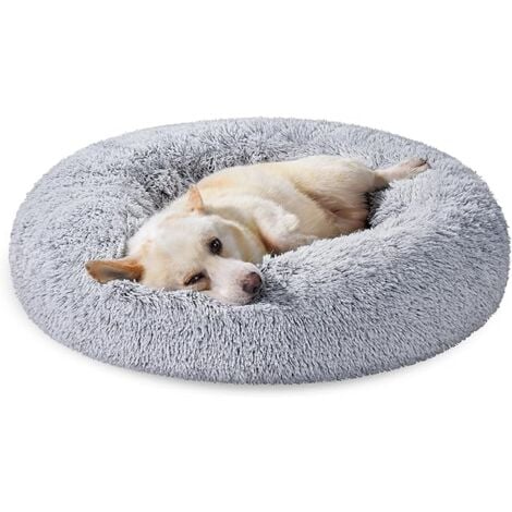 Panier pour Chien, Lit Ronde en Forme de Beignet Ø80cm, Canapé, Coussin Central Amovible et Lavable, Tissu Peluche Doux, Gris