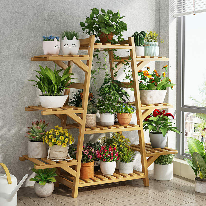 BMOSU Supporto Per Piante Ad Angolo Alto In Bambù - 6 Ripiani Per Interni Ed Esterni - Porta Fiori A Piramide Per Soggiorno, Balcone, Camera Da Letto - Colore Nero
