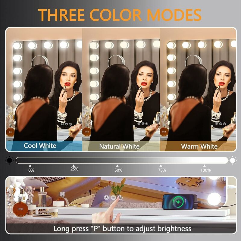 PRIMETEK Espejo de tocador con luces, espejo de maquillaje grande de 22 x 19 pulgadas con luces, espejo de maquillaje con luz LED Hollywood, sensor táctil con iluminación de 3 colores