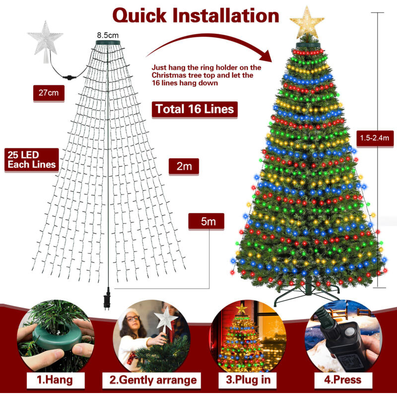 wisdom line Luci a stringa di Natale, 8 modalità di illuminazione, 18M per interni ed esterni (warmwhite, 500Led