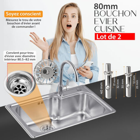 Set di 2 Tappi per lavello da cucina 80 mm - Scarico per lavello da cucina in acciaio inossidabile per drenaggio rapido, Scarico per lavello da 80 mm Filtro anti-intasamento e anti-corrosione