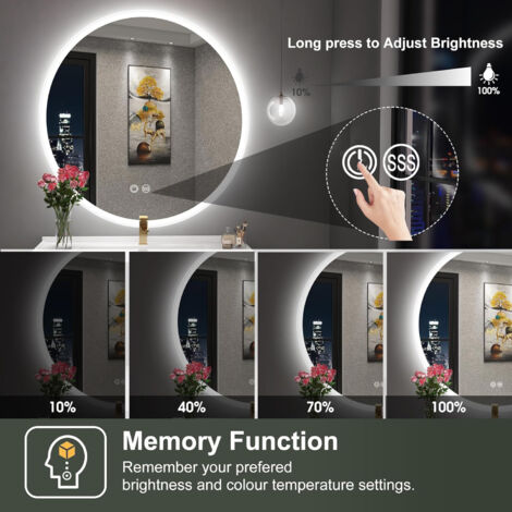 Specchio da bagno rotondo a parete con luce dierabile a 3 colori, con luci intelligenti antiappannaento