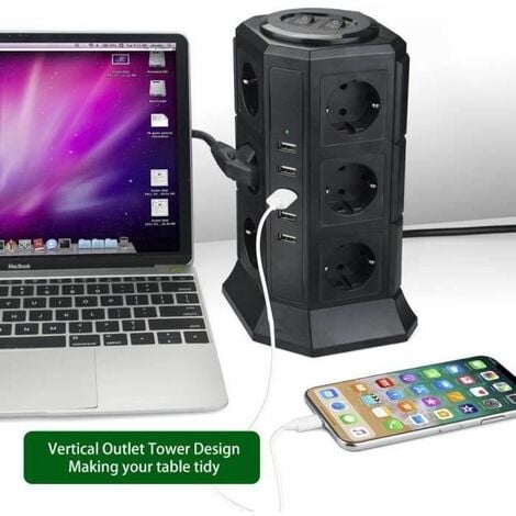 Protezione da sovratensione per ciabatta a torre 12 prese con 5 porte USB 4.5A BLEOSAN - Cavo da 2 m - Nero