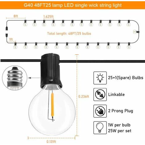 15M lucine a LED per esterni con 25 lampadine E27 G40 in plastica IP44 ghirlanda impermeabile per giardino patio Natale