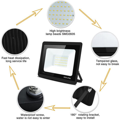 Confezione da 2 luci di inondazione a LED da esterno a luce bianca fredda da 30 W, luce di inondazione a LED impermeabile IP66 per luce di inondazione a LED per esterni da giardino