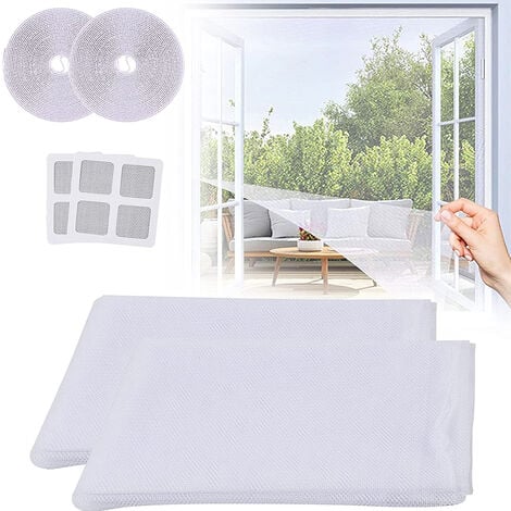 Set di 2 zanzariere per finestra 150 x 200 cm rete in nylon bianco antizanzare e antiinsetto con striscia adesiva + 2 rep patch