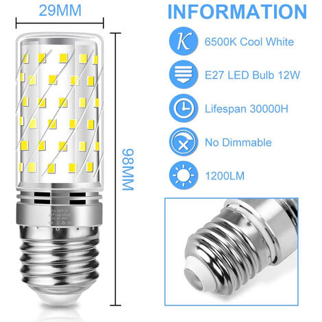 Set di 6 lampadine a LED E27 12W (equivalenti a una lampadina alogena da 100W) 1200LM luce bianca fredda 6000K 360° angolo del fascio 220-240V