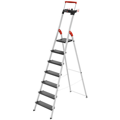 Hailo – Escabeau de sécurité pliable aluminium 7 marches XXL antidérapantes – Hauteur maximale 3m50 – Garde-corps télescopique – Plateforme avec verrouillage