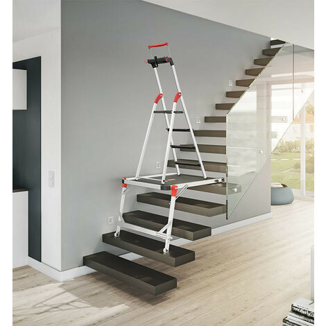 Hailo – Escabeau aluminium 4 marches XXL – Hauteur de travail 2m85 – Garde-corps télescopique – Plateforme antidérapante pour escaliers