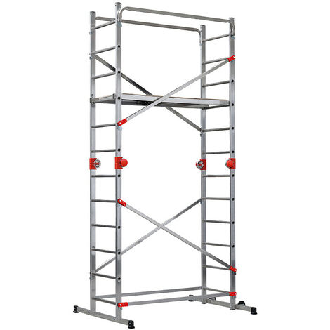 Hailo – Échafaudage multifonction 2,3m/4,3m en aluminium – Hauteur de travail max 4,3m – Charge maximale 150kg – Système Fast & Lock