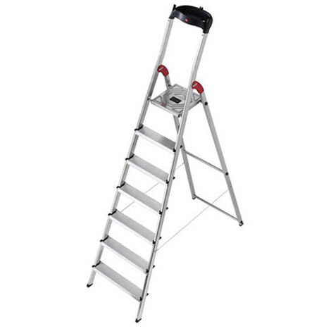 Hailo – Escabeau pliable en aluminium 7 marches – Hauteur maximale 3m50 – Antidérapant avec garde-corps et tablette porte-outils