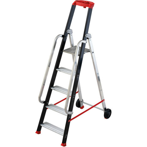 Hailo – Escabeau professionnel pliable aluminium 5 marches – Hauteur de travail 310 cm – Charge max 150 kg – Roues pour déplacement facile (1/10)