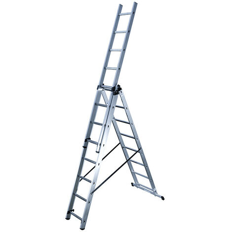 Hailo – Échelle transformable aluminium 3 plans 8 échelons – Hauteur d'accès 5,90m – Charge max 150kg – Poids 12,5kg – Dimensions pliées 224x46x16cm