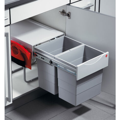 Hailo – Poubelle de cuisine tri sélectif 2 bacs 40L – Encastrable pour meubles – Couvercle fixe pour réduire les odeurs – Kit balayette inclus