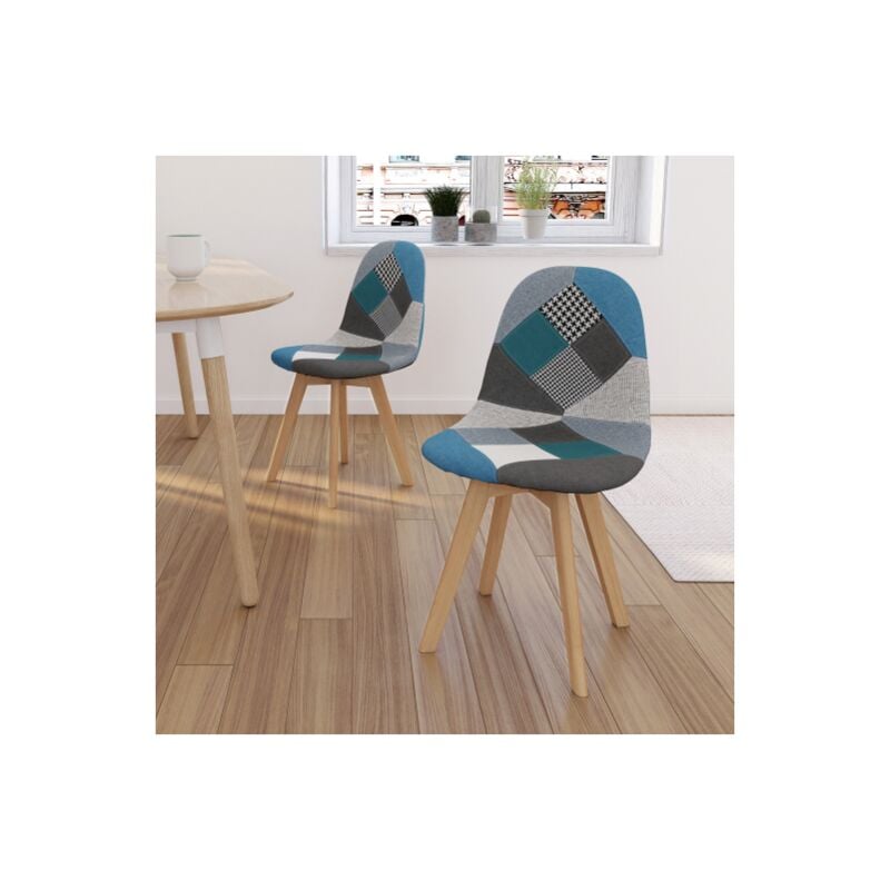 Set di 4 sedie da pranzo scandinavo con motivo patchwork blu SARA